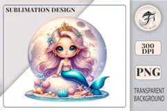 Cute little mermaid sitting by the sea with the full moon behind her, surrounded by seashells, sparkles, and fantasy ocean plants. Ideal for kids’ projects and sublimation crafts.