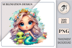 Fantasy mermaid with long silver hair and crown, sitting with turtle, great for children’s room decor, digital scrapbooking, and greeting cards.