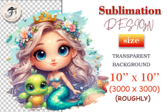 Fantasy mermaid with long silver hair and crown, sitting with turtle, great for children’s room decor, digital scrapbooking, and greeting cards.