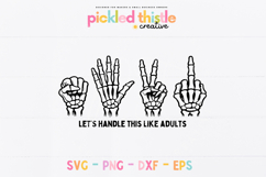 Gothic Halloween cut file displaying detailed skeleton hand illustrations with humorous adult phrase in distressed bold text.