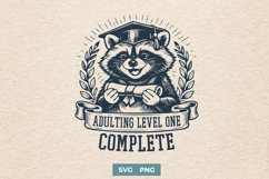 Adulting Level One Complete SVG - Funny Graduation Raccoon Product Image 1