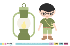 Adventure themed kids clipart with camping accessories and explorer character