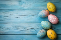 Easter eggs on a wooden table Product Image 1