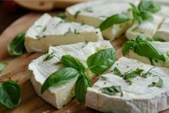 Sliced camembert cheese wheel with fresh green basil leaves Product Image 1