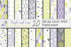 Purple and Lime Green Seamless Digital Paper / Pastel Hand drawn patterns / Scales, Hearts, Leaves, Terrazzo Backgrounds Product Image 1