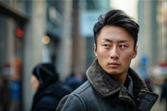 Serious young asian man looking away in busy city street Product Image 1