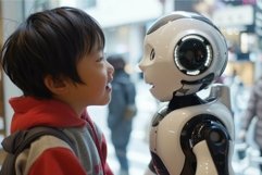Curious child meeting a humanoid robot in a public space Product Image 1