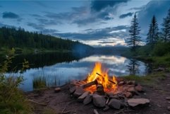 Serene lake campfire at twilight Product Image 1