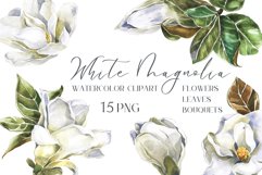 White Magnolia flowers, leaves and Bouquets Watercolor Set Product Image 1