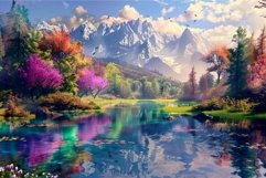 Colorful trees blooming near lake with crystal clear water r Product Image 1