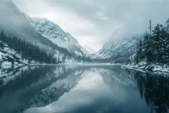 Serene winter lake reflecting snow capped mountains and ever Product Image 1