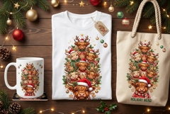 Highland Cow Christmas Tree PNG | Cute Xmas Cow Sublimation Product Image 1