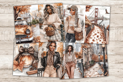 GlamArtZhanna, urban fall journal, african american, woman ephemera, taxi cab spice, brownstone fall, wet pavement, gutter rain rust, skyscraper fall, golden hour,  alleyway autumn, travel scrapbook, leaf collage