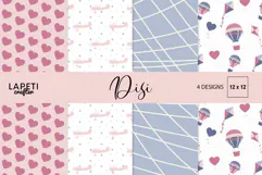 Four digital papers with airplanes, hot air balloons, kites, hearts and geometric patterns