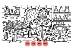Hand Drawn Wizard Magic Scene With Cauldron And Owl Product Image 1
