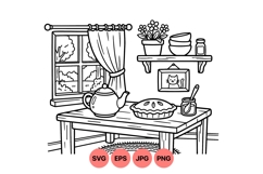 Hand Drawn Cozy Kitchen Scene Line Art Illustration Product Image 1