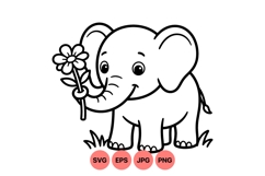 Cute Cartoon Elephant Holding Flower SVG Illustration Product Image 1