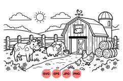 Line Art Farm Animals And Barn Scene Svg Product Image 1