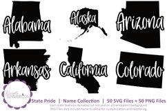 Alabama, Alaska, Arizona, Arkansas, California, and Colorado state silhouettes with state name - sublimation, shirts, tumblers, mugs, keychains, stickers, Cricut