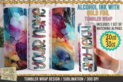 Alcohol Ink with Gold Foil Tumbler Wrap with matching alphabet is a professional design that is available at 300dpi PNG to use for sublimation of tumblers. Avalaible for 30oz and 20oz sizes.