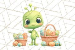 Alien Easter Clipart, Cute Green Alien Easter Eggs, Cartoon Product Image 5