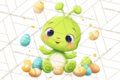 Alien Easter Clipart, Cute Green Alien Easter Eggs, Cartoon Product Image 2