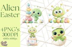 Alien Easter Clipart, Cute Green Alien Easter Eggs, Cartoon Product Image 1