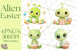 Alien Easter Clipart, Cute Green Alien Easter Eggs, Cartoon Product Image 1