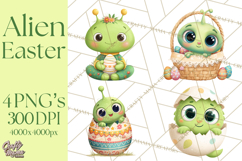 Alien Easter Clipart, Cute Green Alien Easter Eggs, Cartoon Product Image 1