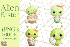 Alien Easter Clipart, Cute Green Alien Easter Eggs, Cartoon Product Image 1