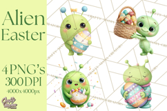 Alien Easter Clipart, Cute Green Alien Easter Eggs, Cartoon Product Image 1