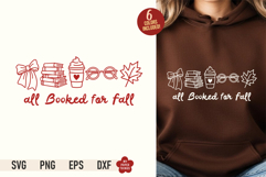 All Booked for Fall SVG PNG design with aesthetic line art doodles of books, coffee, glasses, and bow on a brown hoodie mockup