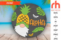 aloha sign svg, tropical door sign svg, gnome pineapple svg, summer hanger svg, welcome sign svg, round hanging sign svg, laser cut file, layered sign svg, glowforge cut file, cricut cut file, summertime svg, seasonal door svg, wood sign dxf