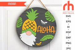 aloha sign svg, tropical door sign svg, gnome pineapple svg, summer hanger svg, welcome sign svg, round hanging sign svg, laser cut file, layered sign svg, glowforge cut file, cricut cut file, summertime svg, seasonal door svg, wood sign dxf