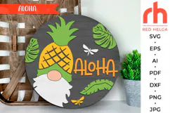 aloha sign svg, tropical door sign svg, gnome pineapple svg, summer hanger svg, welcome sign svg, round hanging sign svg, laser cut file, layered sign svg, glowforge cut file, cricut cut file, summertime svg, seasonal door svg, wood sign dxf