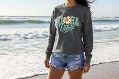 Summer typography design with varsity font and script overlay, textured finish and centered floral detail, clean layout for printing on apparel