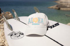 Summer-themed typography design with curved varsity-style ALOHA text, hibiscus flower centerpiece, and soft tropical colors, paired with “on my mind” in a rounded label below