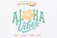 Tropical “Aloha Vibes” design with bold varsity lettering, teal script text layered underneath, and a yellow hibiscus flower in the center, slightly distressed texture on a white background