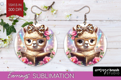 Alpaca Reading Round Earrings Book Lover PNG Sublimation Product Image 1