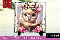 Alpaca Reading Slate PNG Book Lover Square Slate Sublimation Product Image 1
