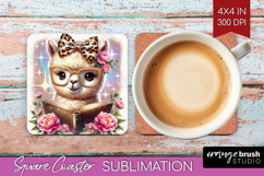 Alpaca Reading Square Coaster Book Lover Coaster PNG Product Image 1
