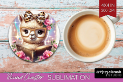 Alpaca Reading Round Coaster Book Lover Coaster PNG Product Image 1