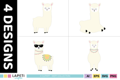 Cream llama illustrations with garlands, sunglasses and sweet facial expressions