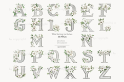 GlamArtZhanna, Silver alphabet, Silver letters, Alphabet letters, Alphabet printable, Letters printable, Wedding alphabet, Wedding letters, Elegant Letters, Invitation alphabet, white flower letters, white flower clipart, Floral alphabet, Floral letters