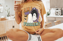 Vintage-inspired ghost artwork with distressed lettering, black bats, and a gothic mirror frame, designed for Halloween shirts, tumblers, and sublimation projects.