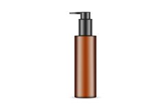 Amber Pump Bottle With Black Cap, Front View Product Image 1
