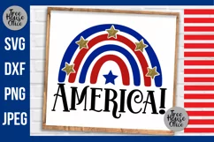 4th of July America Design with Rainbow and stars Digital File shown in a farmhouse frame as a finished project example.  Design comes in svg, dxf, png, and jpeg file formats