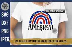 4th of July America Design with Rainbow and stars Digital File shown on a white t shirt as a finished project example.  Design comes in svg, dxf, png, and jpeg file formats