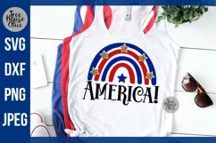 4th of July America Design with Rainbow and stars Digital File shown on a white tank top as a finished project example.  Design comes in svg, dxf, png, and jpeg file formats