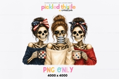 Watercolor PNG showing a stylish skeleton coffee crew in off-the-shoulder sweaters with American flag bows, sunglasses and loose updos.